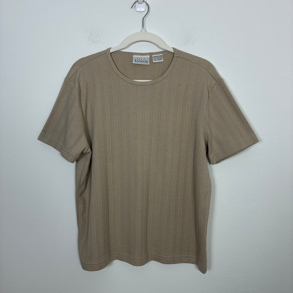 Basic Editions Pointelle Short Sleeve Crew Neck Top Women's Large Classic Fall